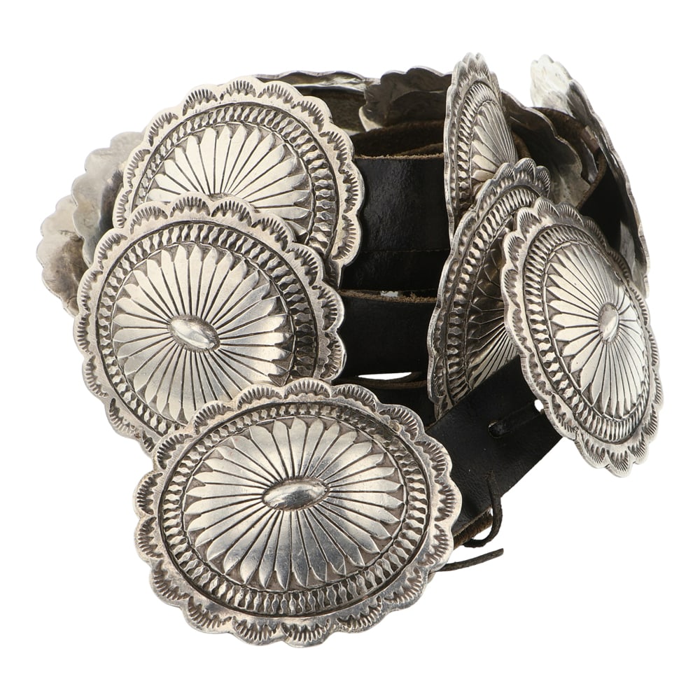 Vintage Navajo Stamp-Work Large Concho Belt: Sterling Silver | | Vintage Navajo Stamp-Work Large Concho Belt | Navajo Native American Southwest Indian Jewelry | Good (no breaks or damages) | Approximate Weight: 379 Grams | Belt: 48" length, 2.25