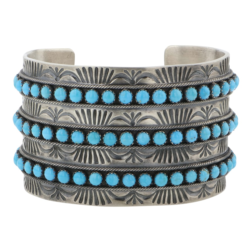 Mark Yazzie Navajo Sleeping Beauty Turquoise Intricate Stamp-Work Wide Three Row Cuff Bracelet: Sterling Silver | Genuine Sleeping Beauty Turquoise | Mark Yazzie Navajo Sleeping Beauty Turquoise Intricate Stamp-Work Wide Three Row Cuff Bracelet | Navajo Native American Southwest Indian Jewelry |