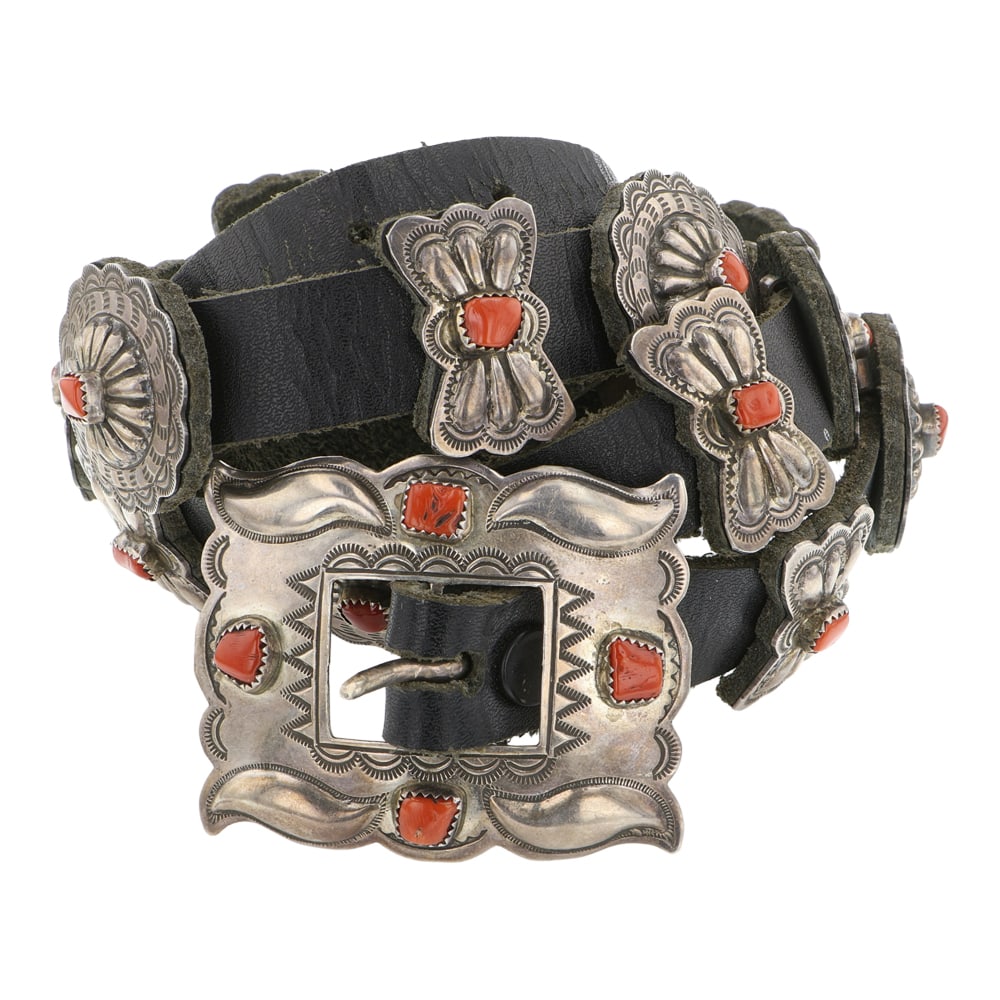 Vintage Navajo Mediterranean Coral Freeform Concho Belt: Sterling Silver | Genuine Mediterranean Coral | Vintage Navajo Mediterranean Coral Freeform Concho Belt | Navajo Native American Southwest Indian Jewelry | Good (no breaks or damages) | Approximate We