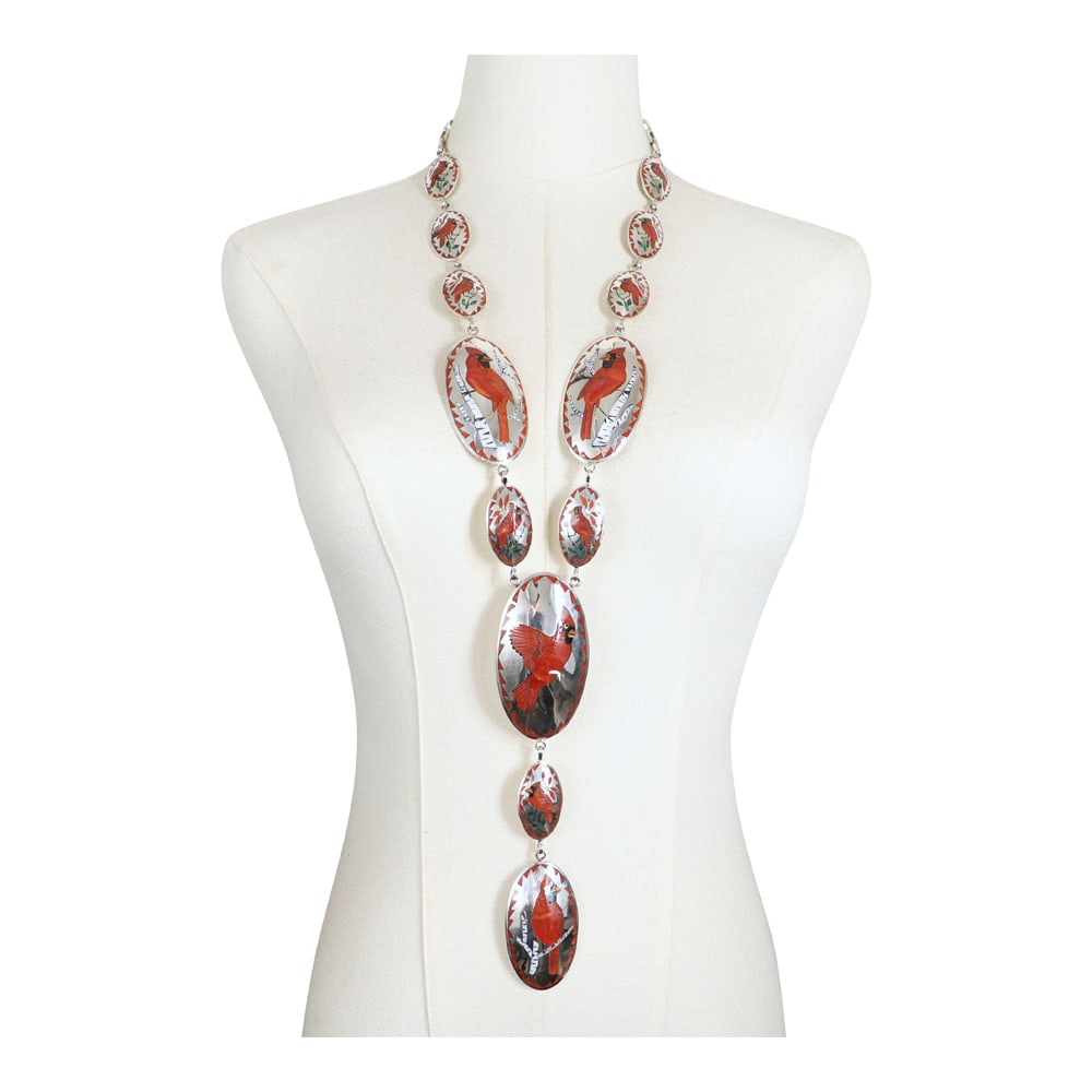 Quintin Quam Award Winning Zuni Artist Mediterranean Coral Mother of Pearl & Malachite Bird Inlay: Sterling Silver | Genuine Mediterranean Coral | Quintin Quam Award Winning Zuni Artist Mediterranean Coral Mother of Pearl & Malachite Bird Inlay Long Large Statement Lariat Necklace Huge Impressive |