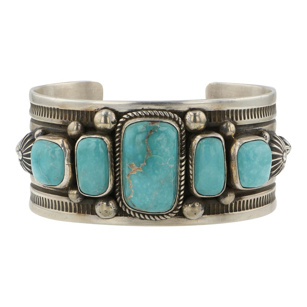 Albert Jake Talented Navajo Artist Godber Burnham Turquoise Five Stone Detailed Stamp-Work Bracelet: Sterling Silver | Genuine Godber Burnham Turquoise | Albert Jake Talented Navajo Artist Godber Burnham Turquoise Five Stone Detailed Stamp-Work Bracelet | Navajo Native American Southwest Indian Jewel