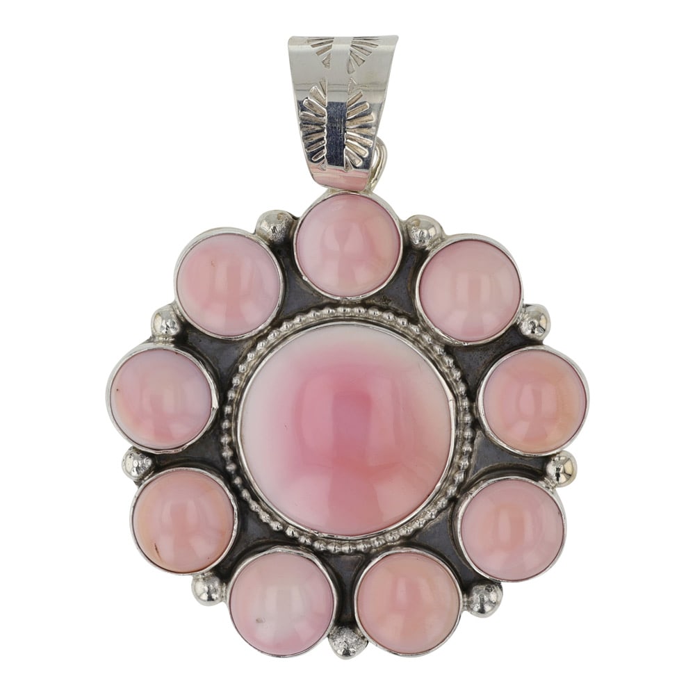 Louise Jim Navajo Pink Conch Cluster Pendant: Sterling Silver | Genuine Pink Conch | Louise Jim Navajo Pink Conch Cluster Pendant | Navajo Native American Southwest Indian Jewelry | Good (no breaks or damages) | Approximate Weight:?42?Grams | Pen