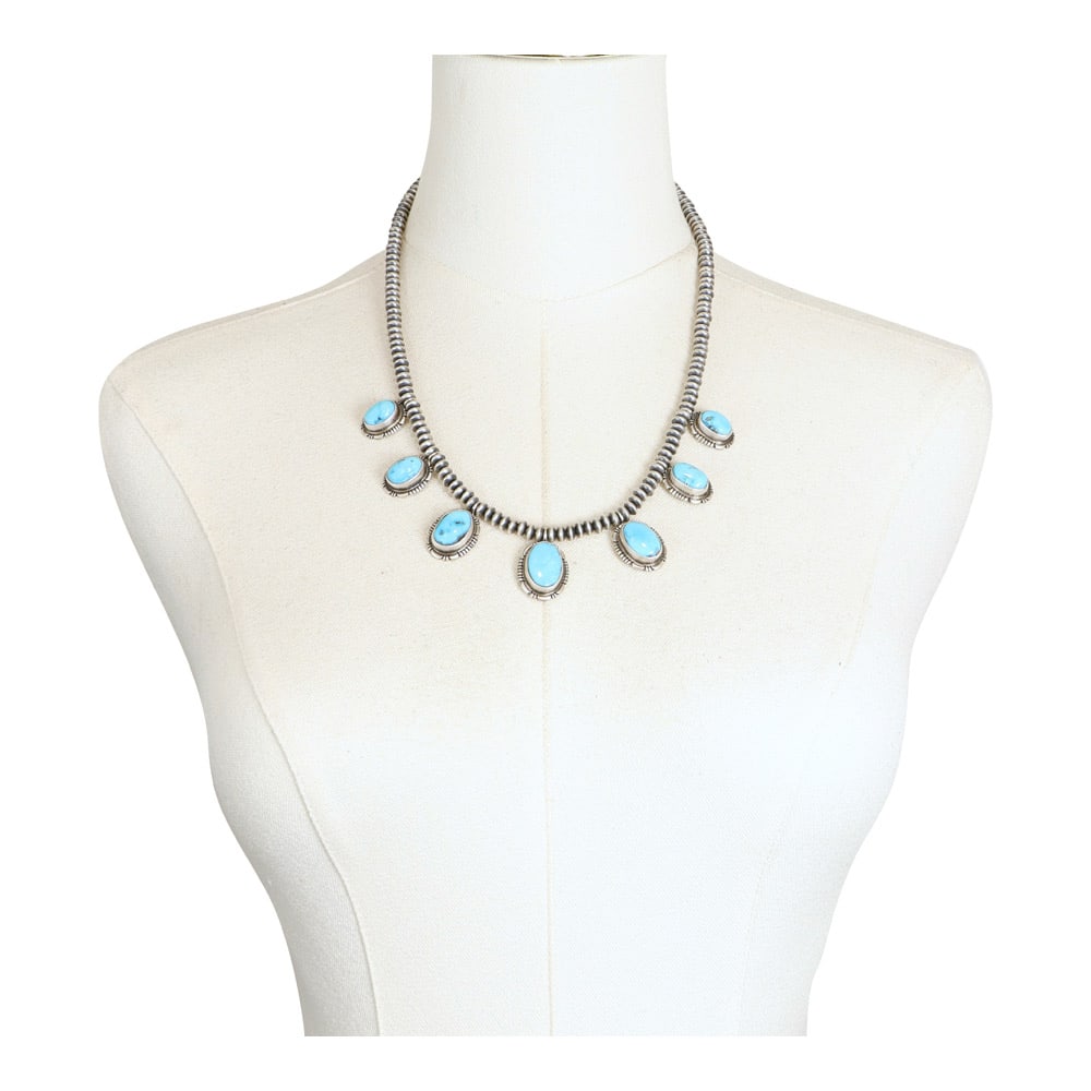 Norbert Johnson Navajo Kingman Turquoise Seven Stone Necklace: Sterling Silver | Genuine Kingman Turquoise | Norbert Johnson Navajo Kingman Turquoise Seven Stone Necklace | Navajo Native American Southwest Indian Jewelry | Good (no breaks or damages) | Approximat