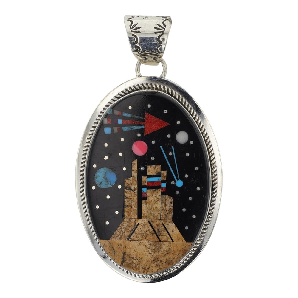 Sylvana Apache Navajo Turquoise Coral Acoma Jet Picture Jasper & Synthetic Opal Pueblo Night Sky: Sterling Silver | Genuine Turquoise, Coral, Acoma jet, Picture Jasper & Synthetic Opal | Sylvana Apache Navajo Turquoise Coral Acoma Jet Picture Jasper & Synthetic Opal Pueblo Night Sky Inlay Pendant 