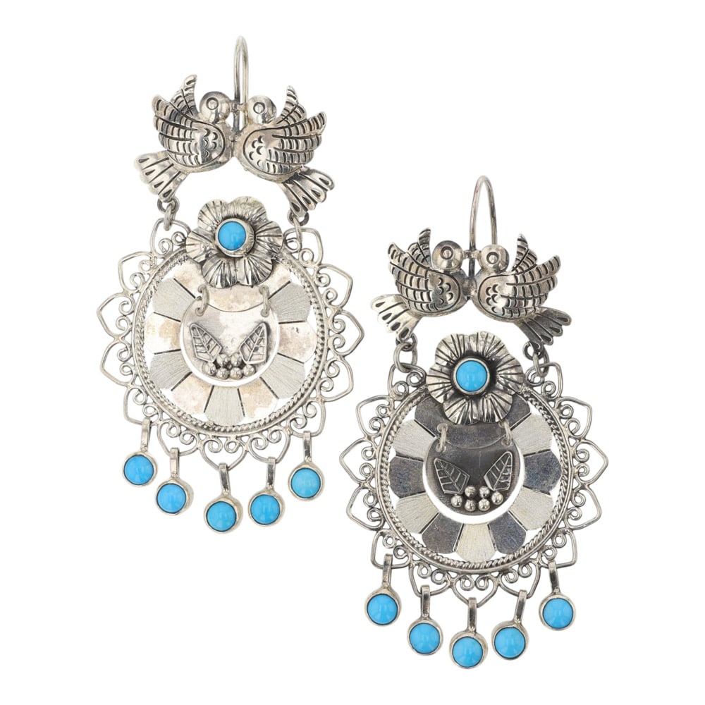 Federico Jimenez Renowned Hispanic Artist & Designer Sleeping Beauty Turquois Kissing Doves: Sterling Silver | Genuine Sleeping Beauty Turquoise | Federico Jimenez Renowned Hispanic Artist & Designer Sleeping Beauty Turquois Kissing Doves Intricate Chandelier Earrings | Navajo Native American