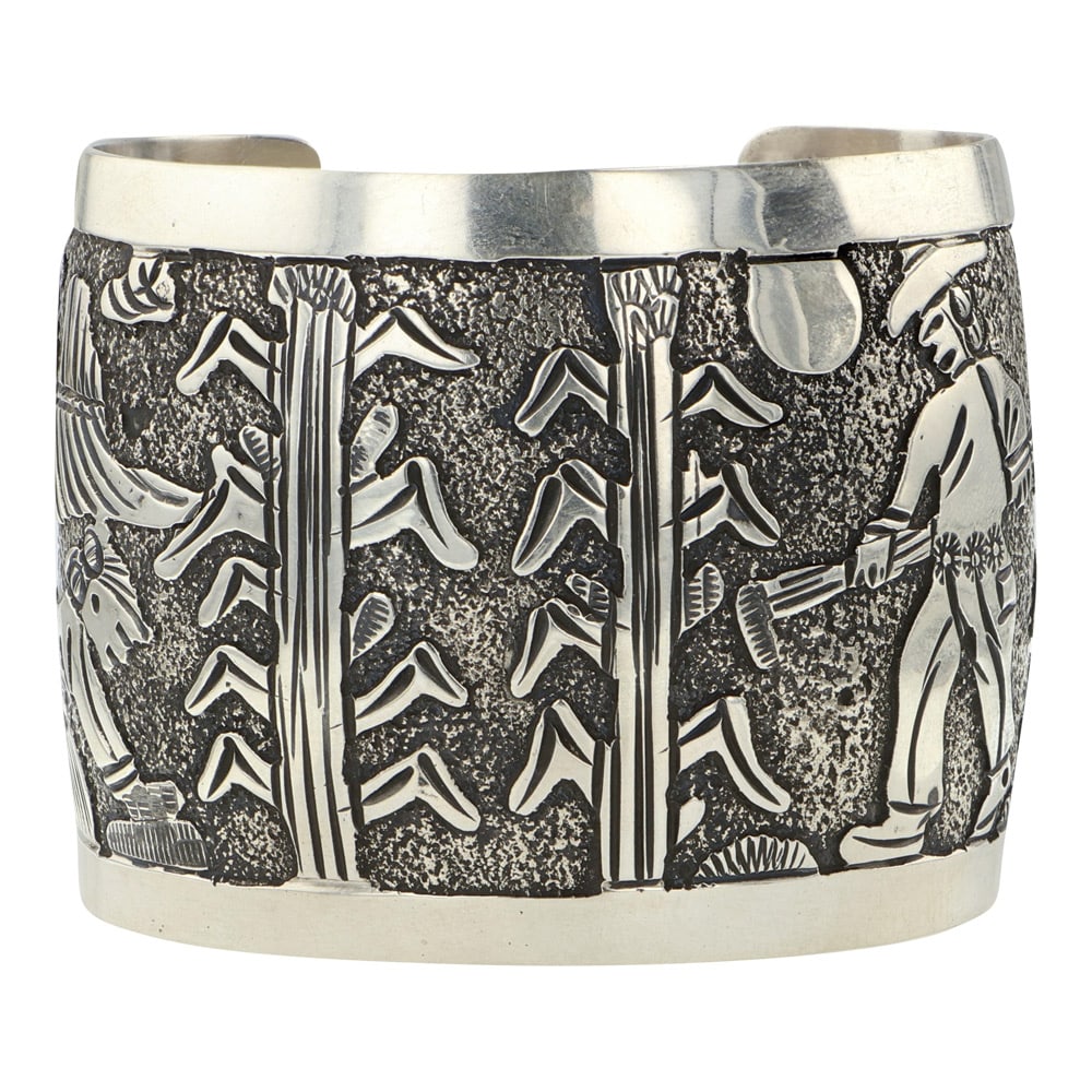 Elaine Becenti Navajo Story Teller Corn Farming Large Plain Silver Bracelet (1 of 4)