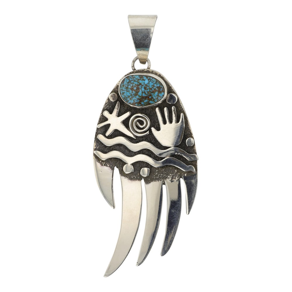 Alex Sanchez Award Winning Navajo Artist Spiderweb Turquoise Large Bear Paw Pendant: Sterling Silver | Genuine Turquoise | Alex Sanchez Award Winning Navajo Artist Spiderweb Turquoise Large Bear Paw Pendant | Navajo Native American Southwest Indian Jewelry | Good (no breaks or damages