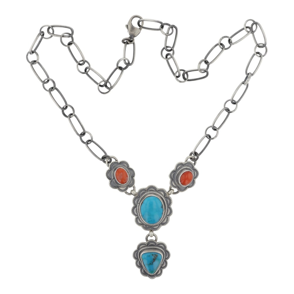 Justine Hoskie Navajo Turquoise & Coral Stamp-Work Necklace: Sterling Silver | Genuine Turquoise & Coral | Justine Hoskie Navajo Turquoise & Coral Stamp-Work Necklace | Navajo Native American Southwest Indian Jewelry | Good (no breaks or damages) | Approximate 