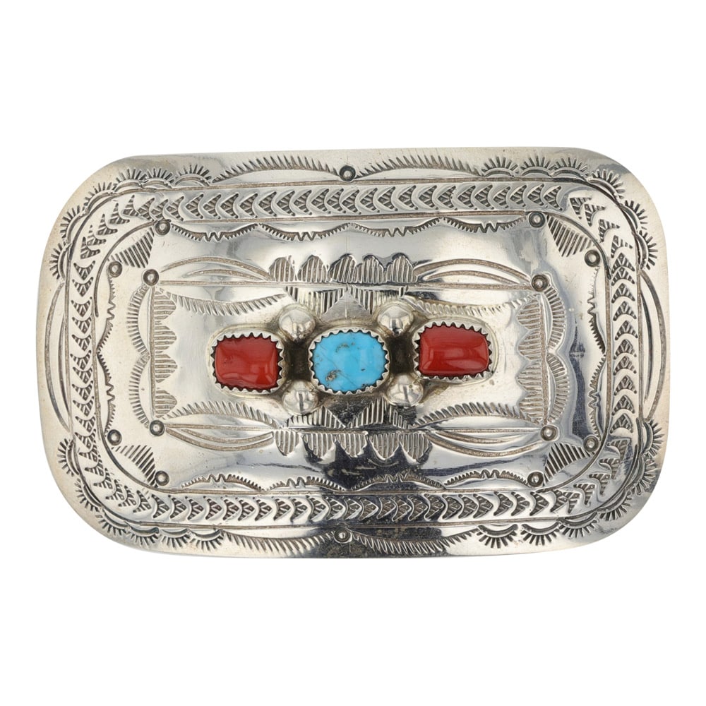 Wilbur Musket Navajo Turquoise & Coral Stamp-Work Belt Buckle: Sterling Silver | Genuine Turquoise & Coral | Wilbur Musket Navajo Turquoise & Coral Stamp-Work Belt Buckle | Navajo Native American Southwest Indian Jewelry | Good (no breaks or damages) | Approximat