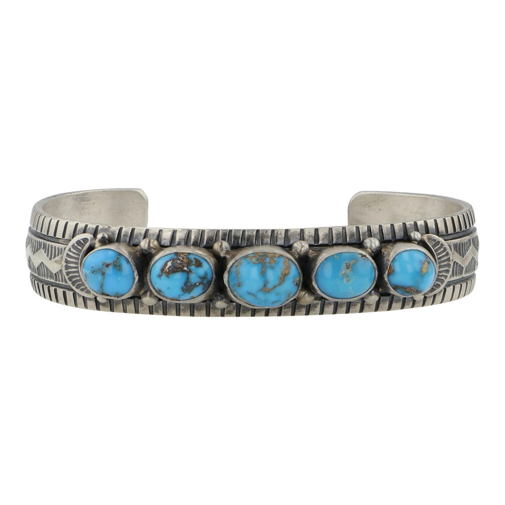 Francis Jones Navajo Blue Ridge Turquoise Stamp-Work Five Stone Bracelet (1 of 4)