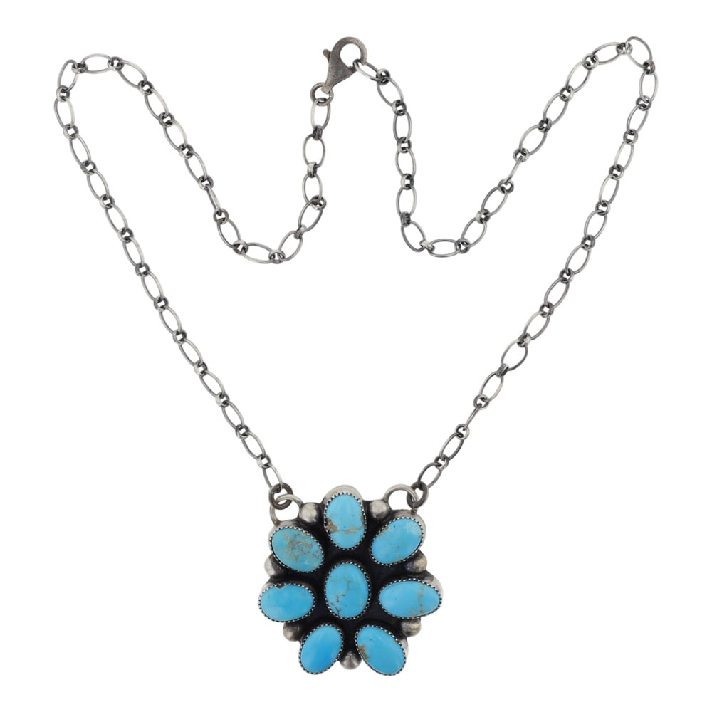 Sheila Becenti Navajo Blue Ridge Turquoise Cluster Bar Necklace: Sterling Silver | Genuine Blue Ridge Turquoise | Sheila Becenti Navajo Blue Ridge Turquoise Cluster Bar Necklace | Navajo Native American Southwest Indian Jewelry | Good (no breaks or damages) | Appro
