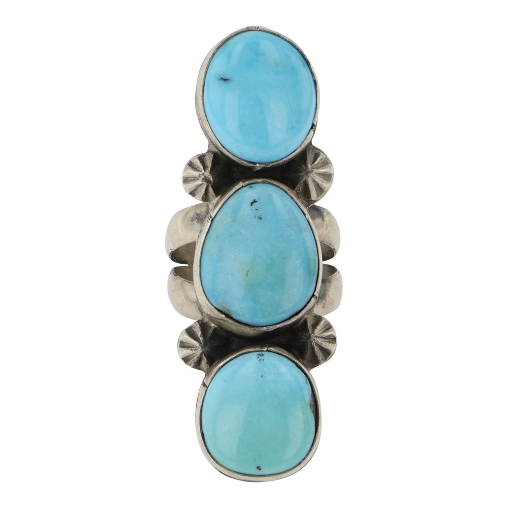 Jimmy Garcia Navajo Lone Mountain Turquoise Three Stone Ring: Sterling Silver | Genuine Lone Mountain Turquoise | Jimmy Garcia Navajo Lone Mountain Turquoise Three Stone Ring | Navajo Native American Southwest Indian Jewelry | Good (no breaks or damages) | Appro