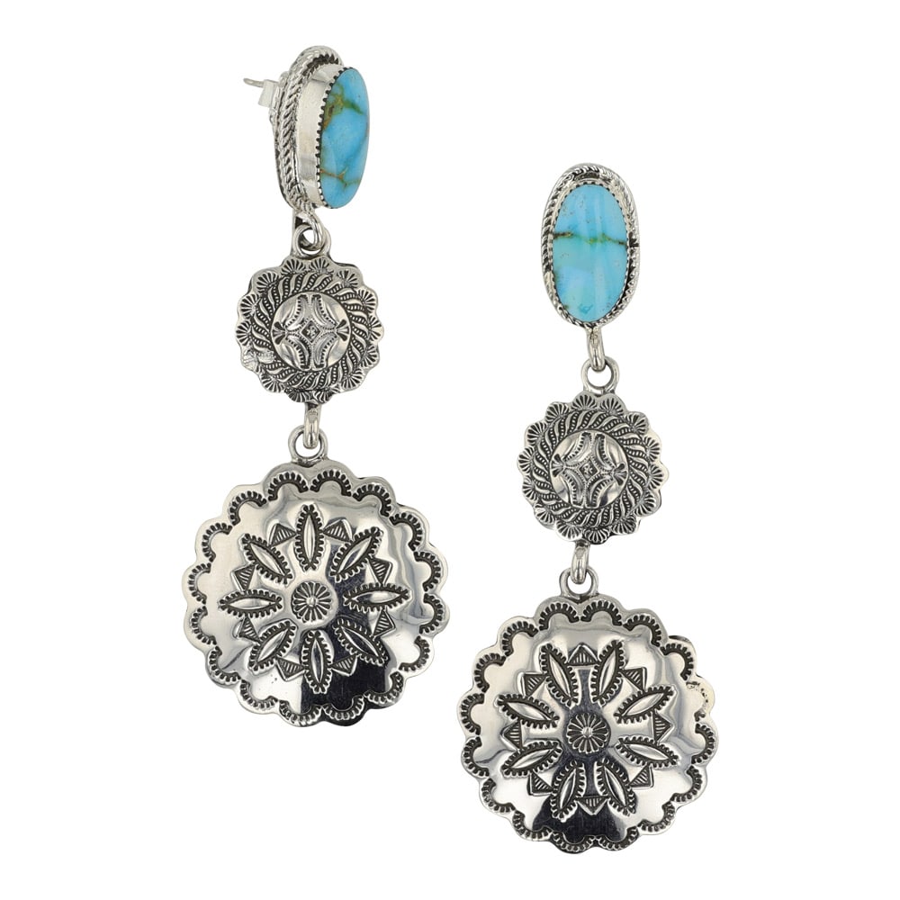 RB Navajo Sonoran Turquoise Stamp-Work Earrings: Sterling Silver | Genuine Sonoran Gold Turquoise | RB Navajo Sonoran Turquoise Stamp-Work Earrings | Navajo Native American Southwest Indian Jewelry | Good (no breaks or damages) | Approximate Weight: