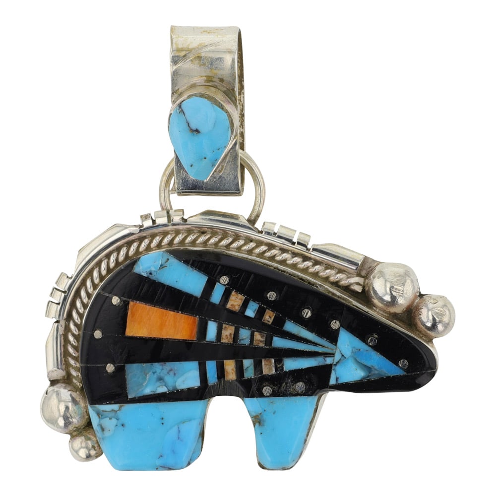 Ray Jack Talented Navajo Artist Father and mentor of Mathew Jack Turqouise Spiny Oyster Picture: Sterling Silver | Genuine Turquoise, Spiny Oyster, Picture Jasper & Acoma Jet | Ray Jack Talented Navajo Artist Father and mentor of Mathew Jack Turqouise Spiny Oyster Picture Jasper & Acoma Jet Micro