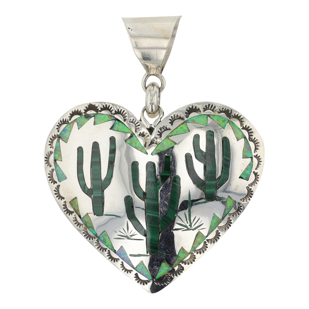 Quintin Quam Sr. Award Winning Zuni artist malachite and synthetic opal Saguaro Cactus heart pendant: Sterling Silver | Genuine Malachite & Synthetic Opal | Quintin Quam Sr. Award Winning Zuni artist malachite and synthetic opal Saguaro Cactus heart pendant | Zuni Native American Southwest Indian Jewe