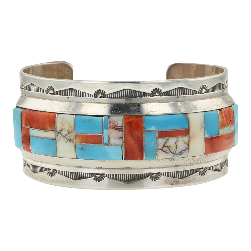 John Nelson Talented Navajo Artist Turquoise Spiny Oyster & Synthetic Opal Inlay Wide Stamp Cuff (1 of 3)