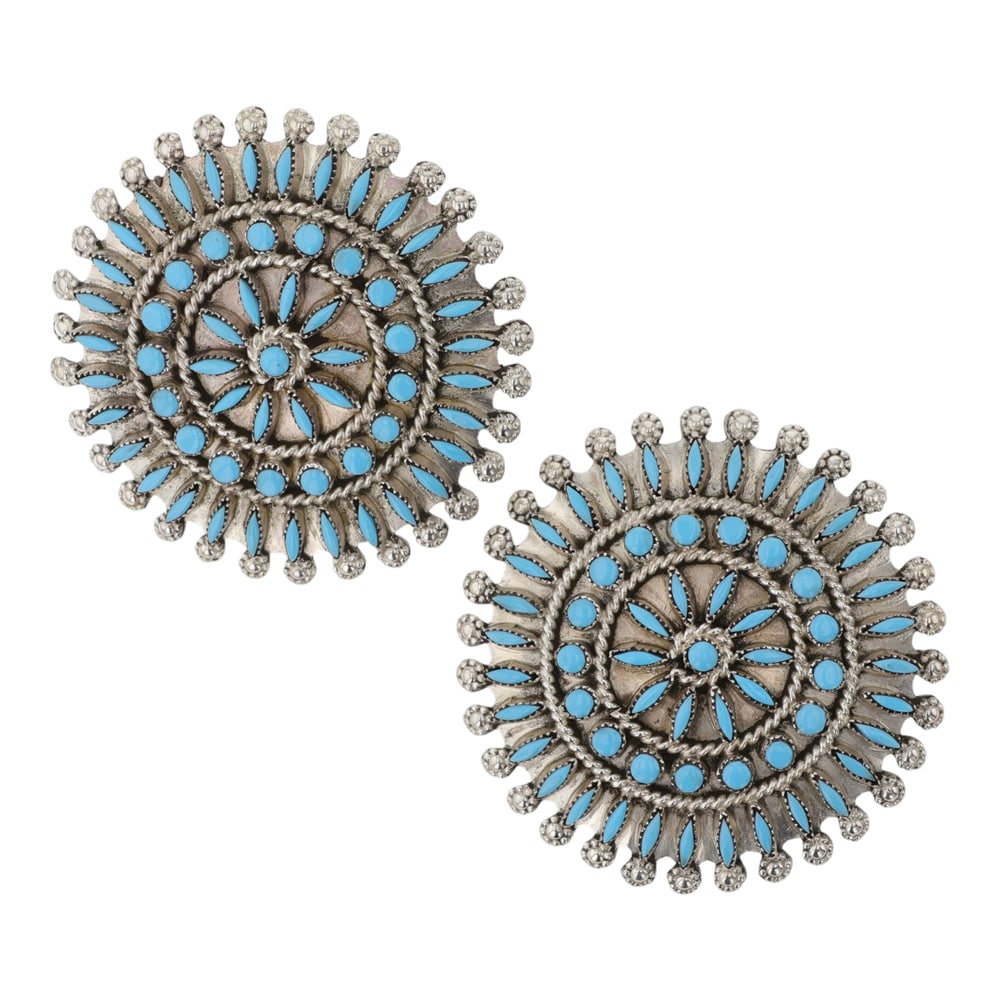 Delbert & Melinda Chavez Zuni Sleeping Beauty Turquoise Needlepoint Earrings: Sterling Silver | Genuine Sleeping Beauty Turquoise | Delbert & Melinda Chavez Zuni Sleeping Beauty Turquoise Needlepoint Earrings | Zuni Native American Southwest Indian Jewelry | Good (no breaks or 
