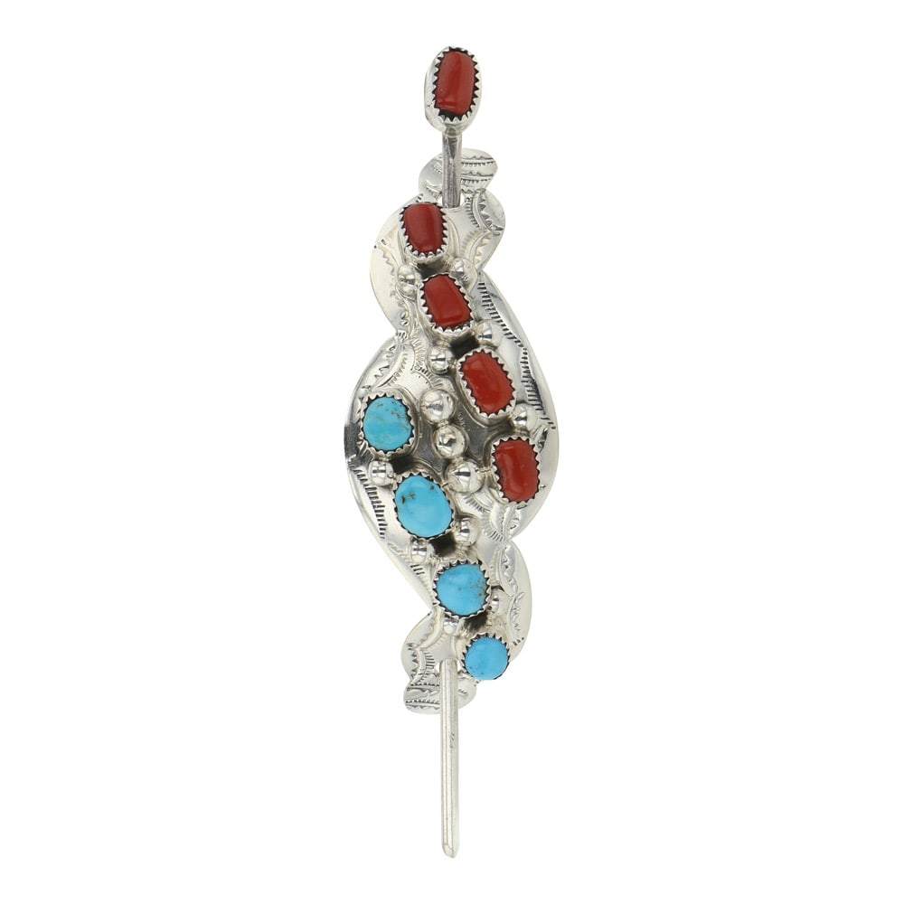 Wilbert Meyers Navajo Turquoise & Coral Hair Barrette: Sterling Silver | Genuine Turquoise & Coral | Wilbert Meyers Navajo Turquoise & Coral Hair Barrette | Navajo Native American Southwest Indian Jewelry | Good (no breaks or damages) | Approximate Weight