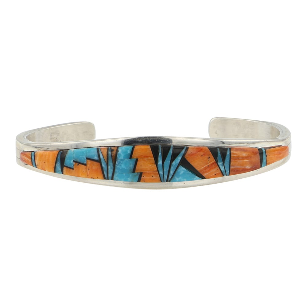 Catheryn Webster Navajo Turquoise Spiny Oyster & Acoma Jet Inlay Bracelet: Sterling Silver | Genuine Turquoise, Spiny Oyster & Acoma Jet | Catheryn Webster Navajo Turquoise Spiny Oyster & Acoma Jet Inlay Bracelet | Navajo Native American Southwest Indian Jewelry | Good (no b