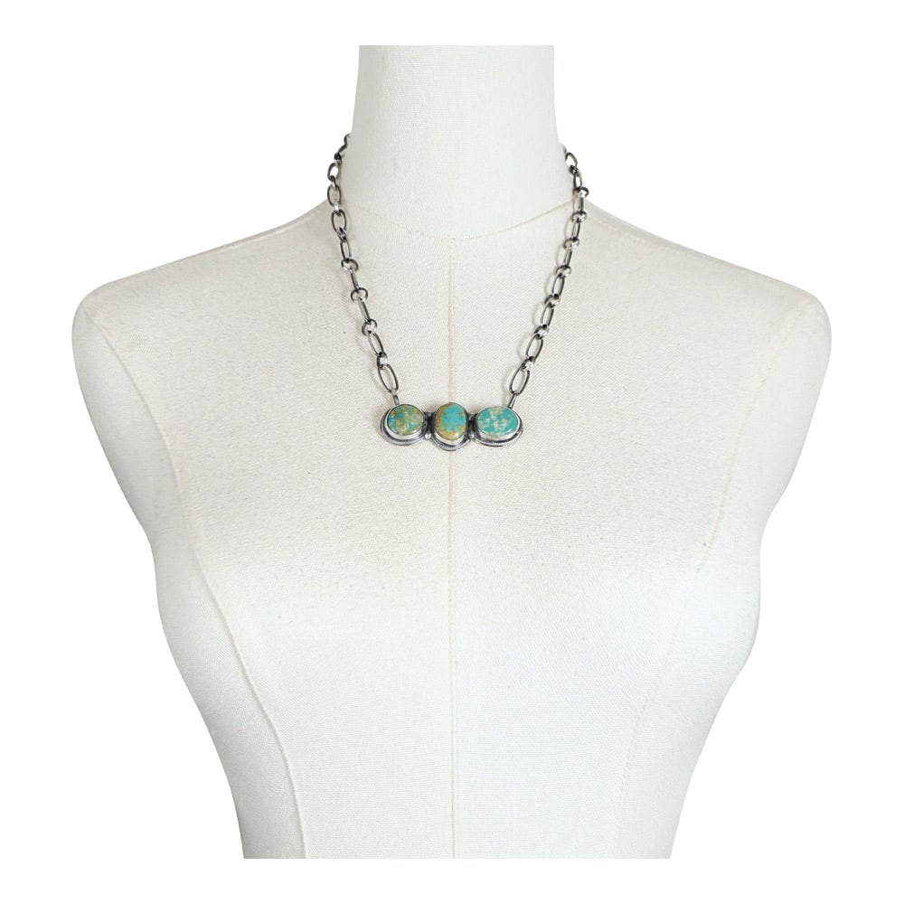 Ella Peters Navajo Fox Turquoise Three Stone Bar Necklace: Sterling Silver | Genuine Fox Turquoise | Ella Peters Navajo Fox Turquoise Three Stone Bar Necklace | Navajo Native American Southwest Indian Jewelry | Good (no breaks or damages) | Approximate Weight