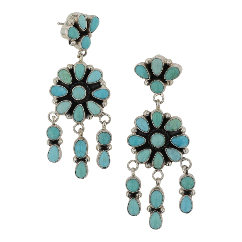Della Wylie Navajo Campitos Turquoise Chandelier Earrings: Sterling Silver | Genuine Campitos Turquoise | Della Wylie Navajo Campitos Turquoise Chandelier Earrings | Navajo Native American Southwest Indian Jewelry | Good (no breaks or damages) | Approximate W