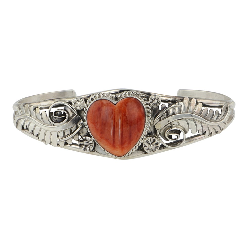 Navajo Spiny Oyster Heart Bracelet: Sterling Silver | Genuine Spiny Oyster | Navajo Spiny Oyster Heart Bracelet | Navajo Native American Southwest Indian Jewelry | Good (no breaks or damages) | Approximate Weight: 12 Grams | Bracelet: 5