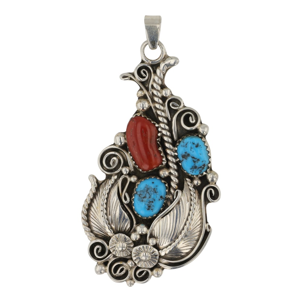Navajo Turquoise & Coral Leaf work Pendant: Sterling Silver | Genuine Turquoise & Coral | Navajo Turquoise & Coral Leaf work Pendant | Navajo Native American Southwest Indian Jewelry | Good (no breaks or damages) | Approximate Weight: 13 Grams 