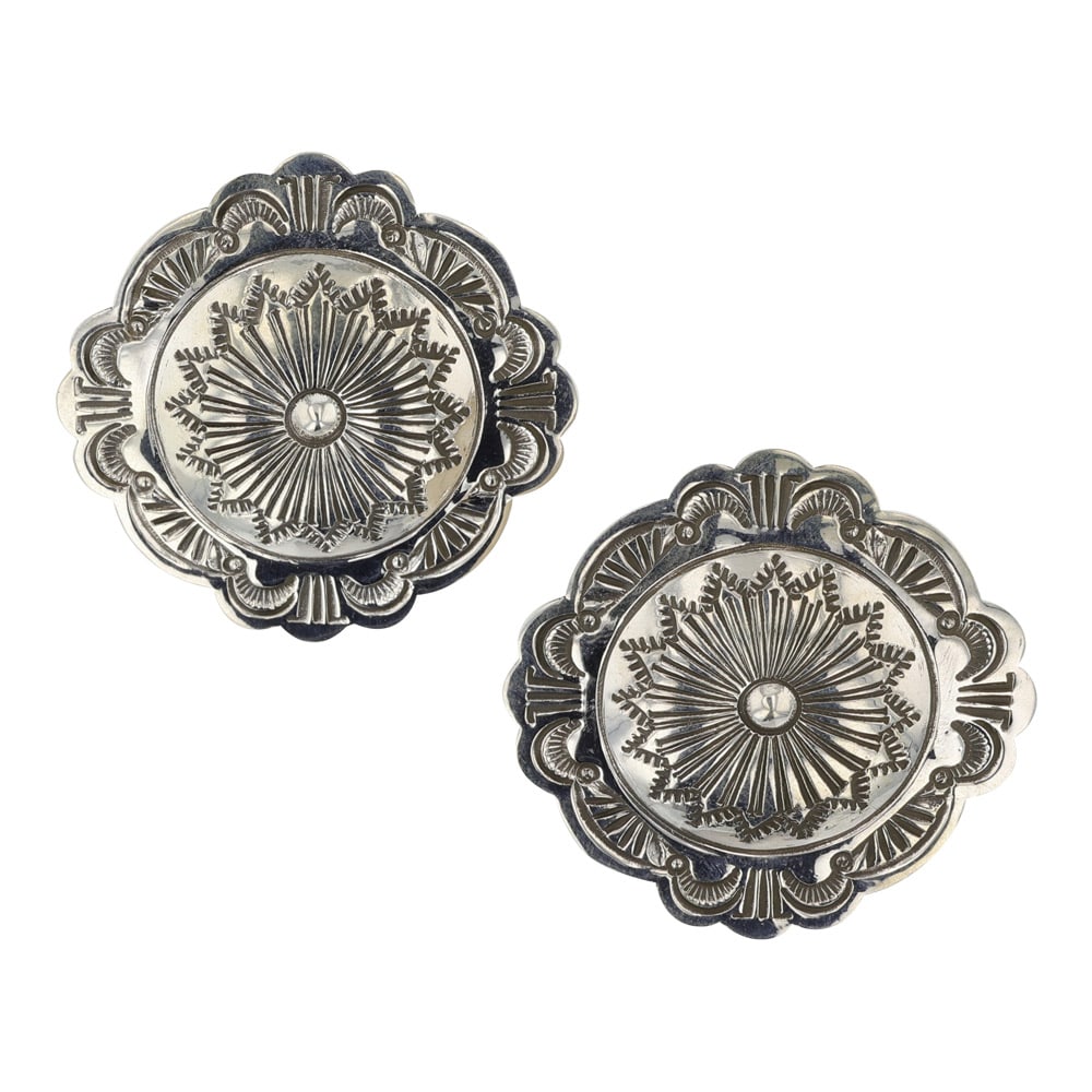Arnold Blackgoat Navajo Stamp-Work Earrings: Sterling Silver | | Arnold Blackgoat Navajo Stamp-Work Earrings | Navajo Native American Southwest Indian Jewelry | Good (no breaks or damages) | Approximate Weight:?15?Grams | Earrings: 1.5" x 1.5" e