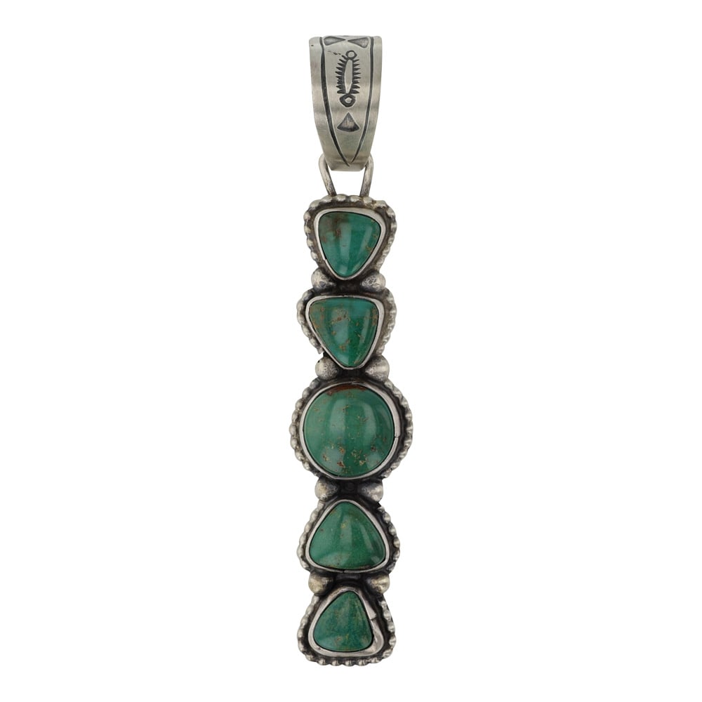 Travis Jim Navajo Fox Turquoise Five Stone Long Pendant: Sterling Silver | Genuine Fox Turquoise | Travis Jim Navajo Fox Turquoise Five Stone Long Pendant | Navajo Native American Southwest Indian Jewelry | Good (no breaks or damages) | Approximate Weight: 