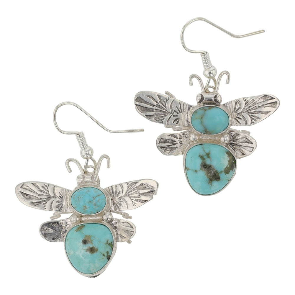 Navajo Campitos Turquoise Insect Earrings: Sterling Silver | Genuine Campitos Turquoise | Navajo Campitos Turquoise Insect Earrings | Navajo Native American Southwest Indian Jewelry | Good (no breaks or damages) | Approximate Weight:7 Grams | 