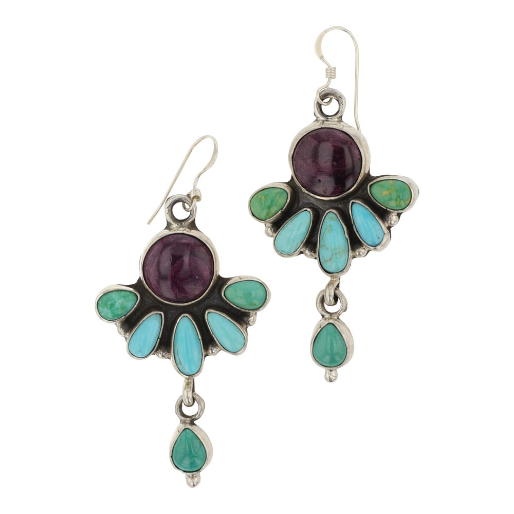 Vincent Platero Navajo Turquoise & Spiny Oyster Earrings: Sterling Silver | Genuine Turquoise & Spiny Oyster | Vincent Platero Navajo Turquoise & Spiny Oyster Earrings | Navajo Native American Southwest Indian Jewelry | Good (no breaks or damages) | Approxim