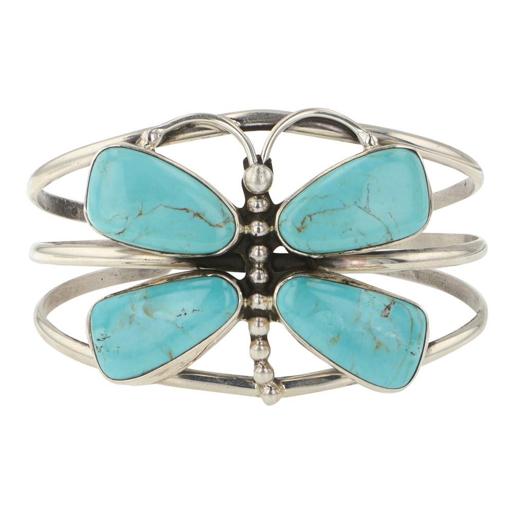 Randall Endito Navajo Campitos Turquoise Butterfly Bracelet: Sterling Silver | Genuine Campitos Turquoise | Randall Endito Navajo Campitos Turquoise Butterfly Bracelet | Navajo Native American Southwest Indian Jewelry | Good (no breaks or damages) | Approximate