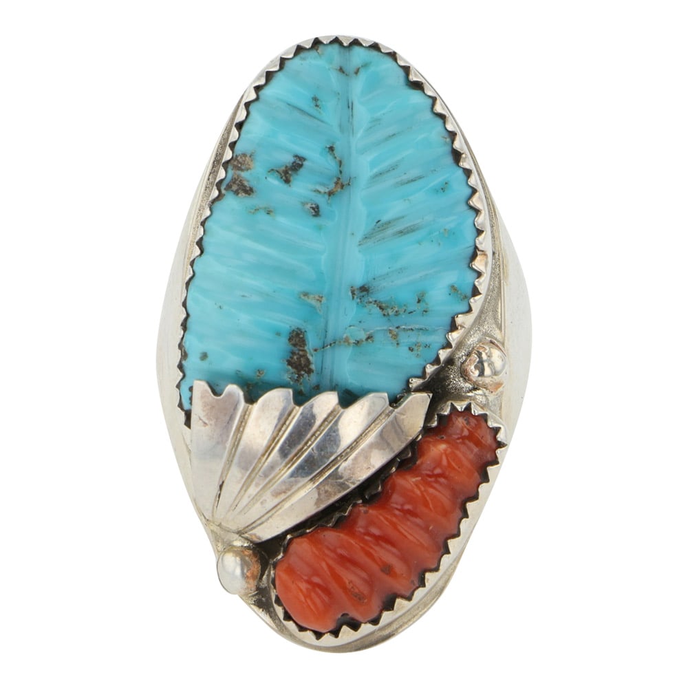 Lyolita Tsattie Zuni Turquoise & Coral Carved Ring (1 of 3)