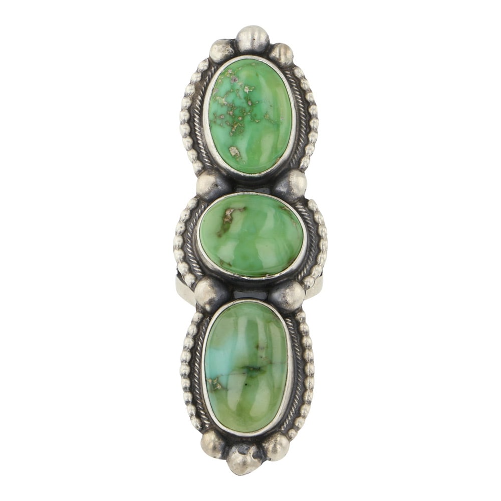 Kathleen Livingston Navajo Sonoran Gold Turquoise Three Stone Ring: Sterling Silver | Genuine Sonoran Gold Turquoise | Kathleen Livingston Navajo Sonoran Gold Turquoise Three Stone Ring | Navajo Native American Southwest Indian Jewelry | Good (no breaks or damages) | 