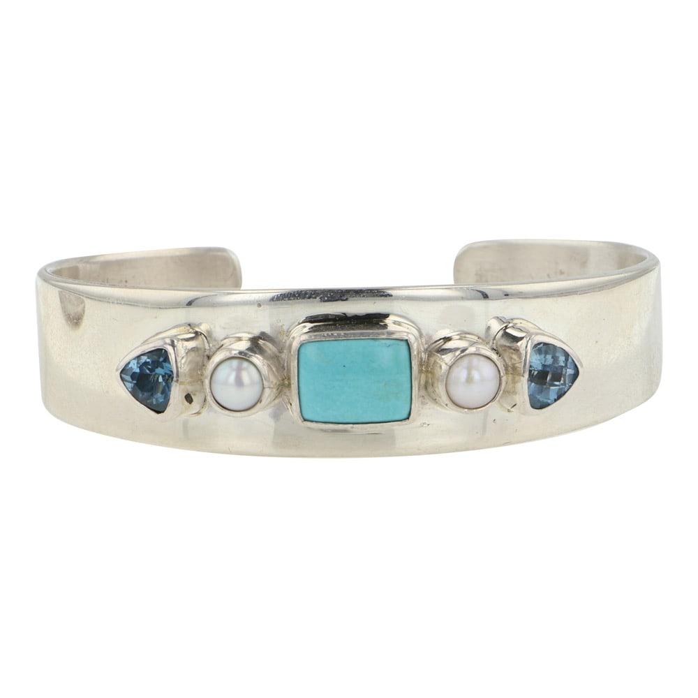 Raymond Beard Navajo Turquoise Topaz & Cultured Pearl Bracelet: Sterling Silver | Genuine Turquoise, Topaz & Cultured Pearl | Raymond Beard Navajo Turquoise Topaz & Cultured Pearl Bracelet | Navajo Native American Southwest Indian Jewelry | Good (no breaks or dama