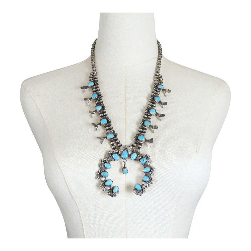 Lydia Begay Navajo Blue Ridge Turquoise Squash Blossom Necklace: Sterling Silver | Genuine Blue Ridge Turquoise | Lydia Begay Navajo Blue Ridge Turquoise Squash Blossom Necklace | Navajo Native American Southwest Indian Jewelry | Good (no breaks or damages) | Appro