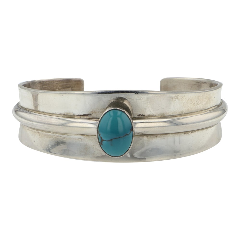 Mark Yazzie Navajo Turquoise Contemporary Cuff Bracelet: Sterling Silver | Genuine Turquoise | Mark Yazzie Navajo Turquoise Contemporary Cuff Bracelet | Navajo Native American Southwest Indian Jewelry | Good (no breaks or damages) | Approximate Weight:?61?G
