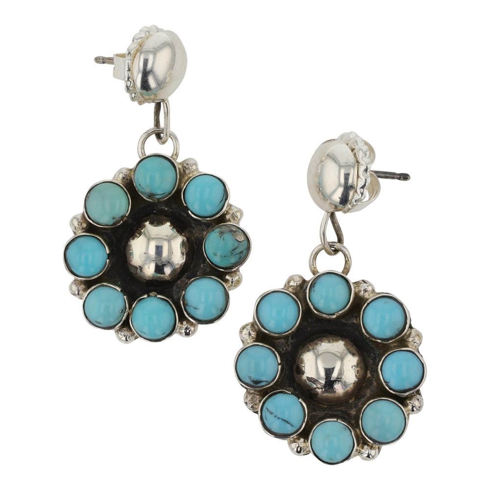 Randall Endito Navajo Campitos Turquoise Cluster Earrings: Sterling Silver | Genuine Campitos Turquoise | Randall Endito Navajo Campitos Turquoise Cluster Earrings | Navajo Native American Southwest Indian Jewelry | Good (no breaks or damages) | Approximate W