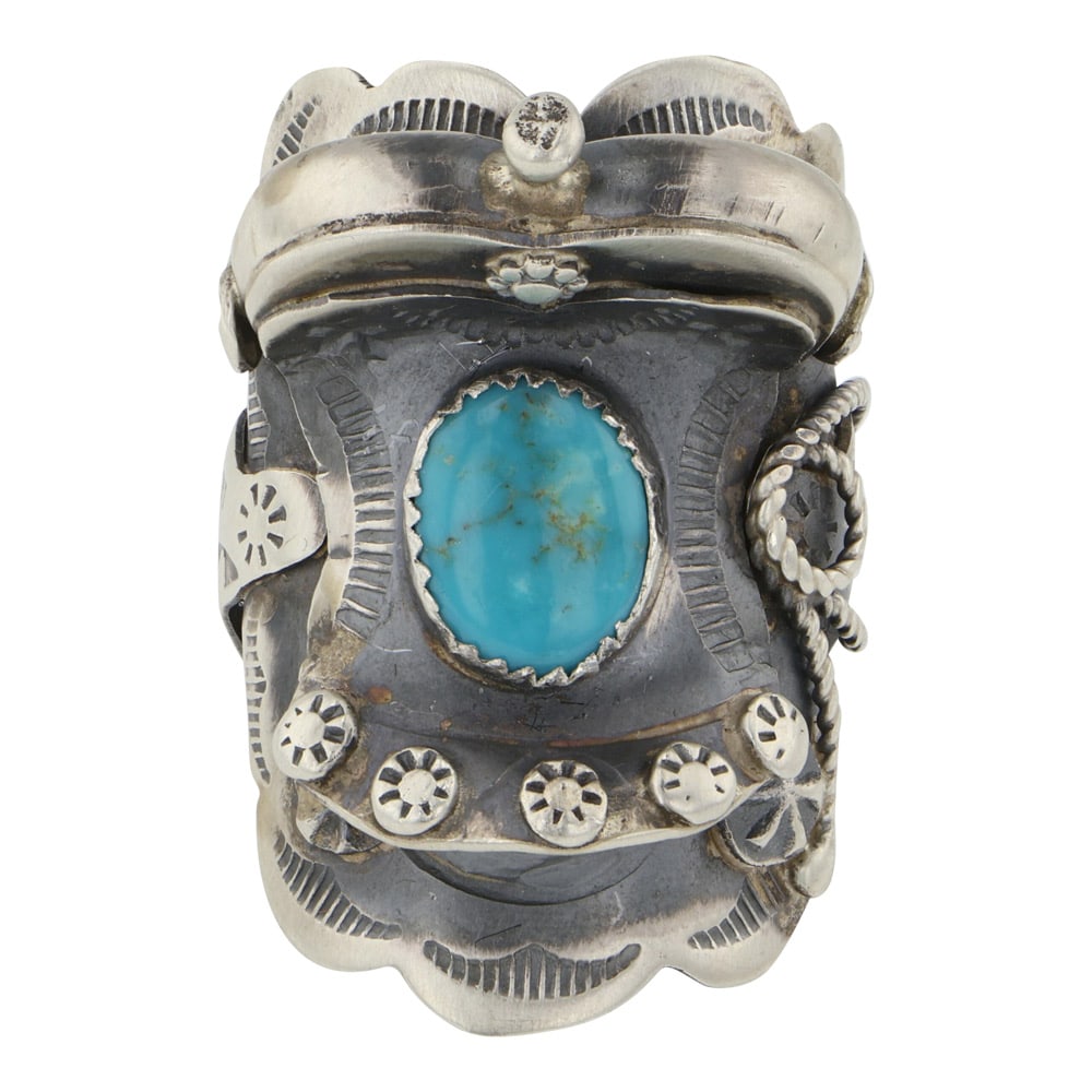 Tim Yazzie Navajo Kingman Turquoise Intricate Detailed Saddle Ring: Sterling Silver | Genuine Kingman Turquoise | Tim Yazzie Navajo Kingman Turquoise Intricate Detailed Saddle Ring | Navajo Native American Southwest Indian Jewelry | Good (no breaks or damages) | Appro