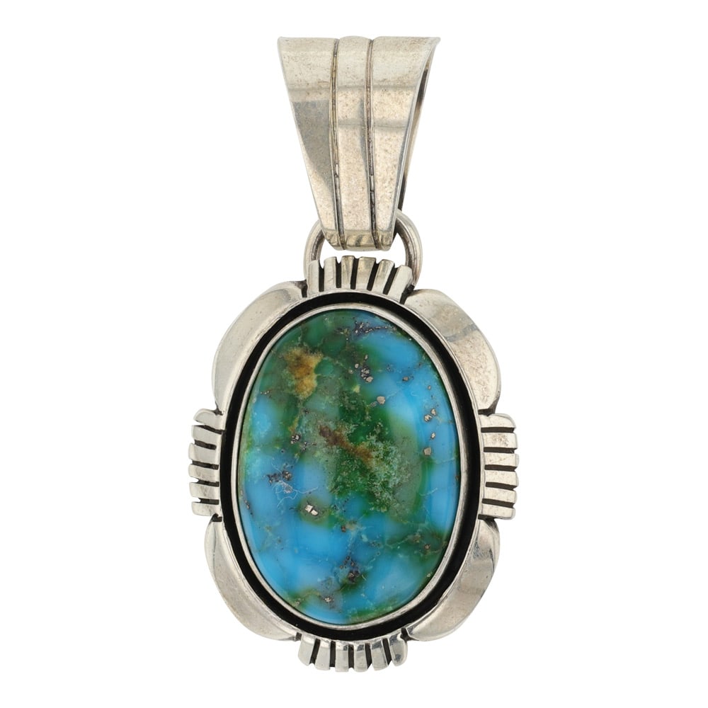 Cooper Willie Navajo Sonoran Mountain Turquoise Pendant: Sterling Silver | Genuine Sonoran Mountain Turquoise | Cooper Willie Navajo Sonoran Mountain Turquoise Pendant | Navajo Native American Southwest Indian Jewelry | Good (no breaks or damages) | Approxi