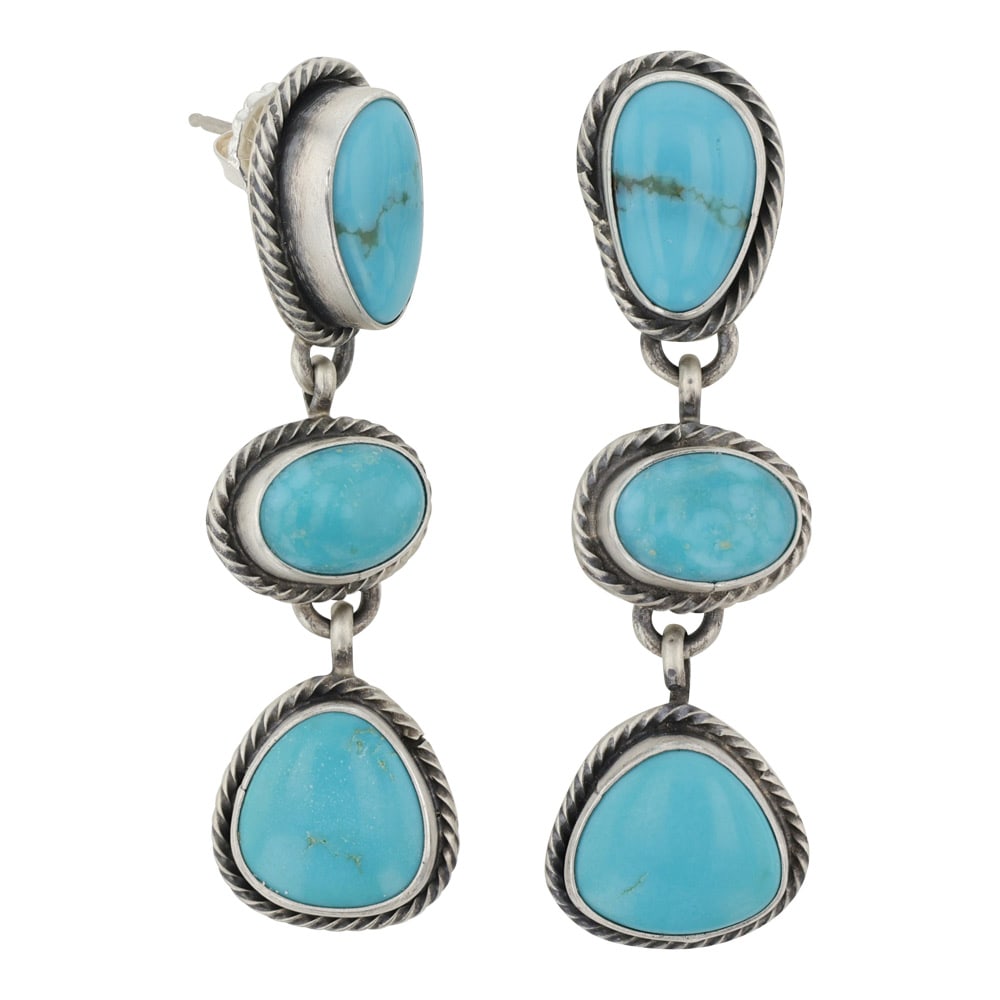 Aaron Robertson Campitos Turquoise Three Stone Earrings: Sterling Silver | Genuine Campitos Turquoise | Aaron Robertson Campitos Turquoise Three Stone Earrings | Navajo Native American Southwest Indian Jewelry | Good (no breaks or damages) | Approximate Wei