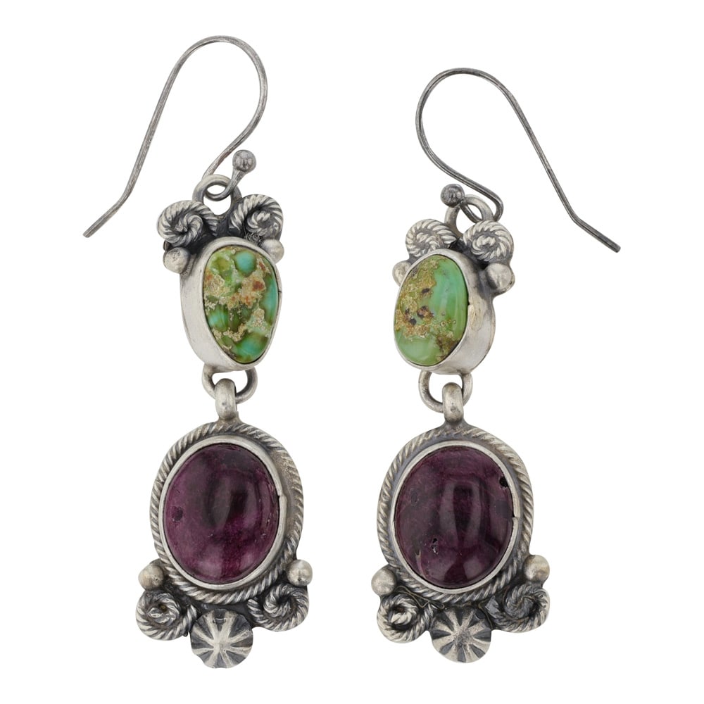 Carlos Francisco Navajo Spiny Oyster & Sonoran Gold Turquoise Earrings: Sterling Silver | Genuine Spiny Oyster & Sonoran Gold Turquoise | Carlos Francisco Navajo Spiny Oyster & Sonoran Gold Turquoise Earrings | Navajo Native American Southwest Indian Jewelry | Good (no br