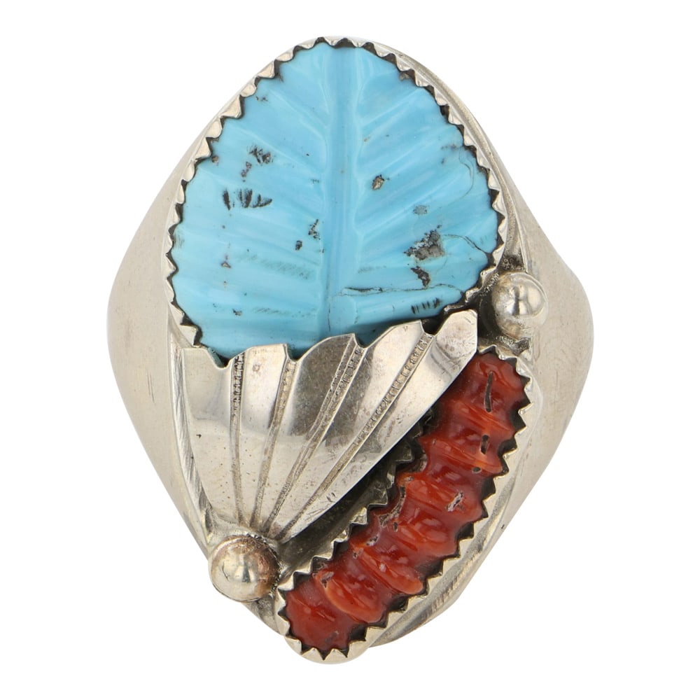 Loyolita Tsattie Zuni Turquoise & Coral Carved Ring: Sterling Silver | Genuine Turquoise & Coral | Loyolita Tsattie Zuni Turquoise & Coral Carved Ring | Zuni Native American Southwest Indian Jewelry | Good (no breaks or damages) | Approximate