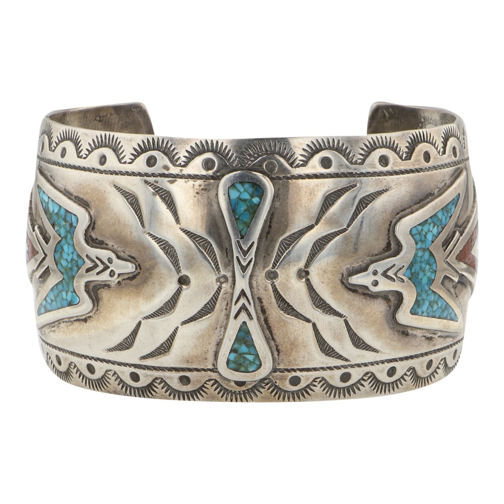 Charlie Singer (1931-2018) renowned Navajo Artist silversmith and painter brother of the late Tommy: Sterling Silver | Genuine Turquoise & Coral | Charlie Singer (1931-2018) renowned Navajo Artist silversmith and painter brother of the late Tommy Singer. Vintage Genuine turquoise and coral chip inlay