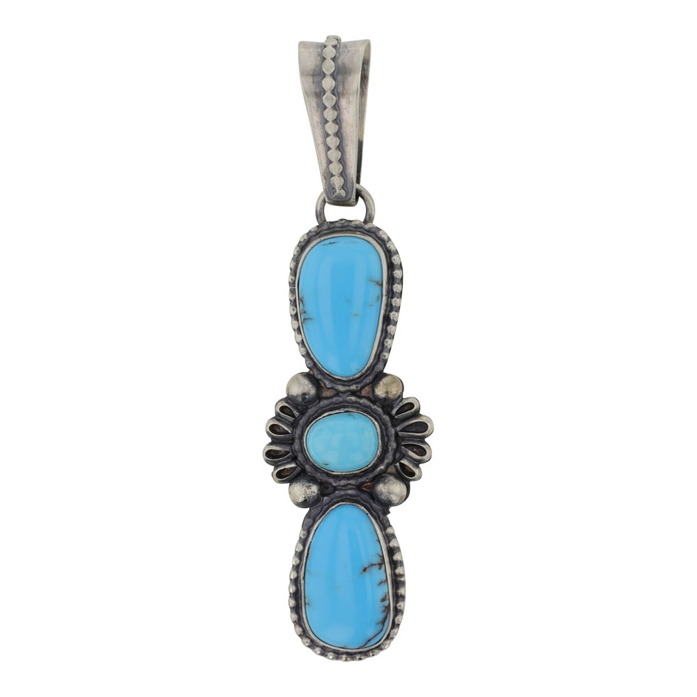Marry Ellen Souixe Tribe Artist Prince Turquoise Three Stone Pendant: Sterling Silver | Genuine Prince Turquoise | Marry Ellen Souixe Tribe Artist Prince Turquoise Three Stone Pendant | Navajo Native American Southwest Indian Jewelry | Good (no breaks or damages) |