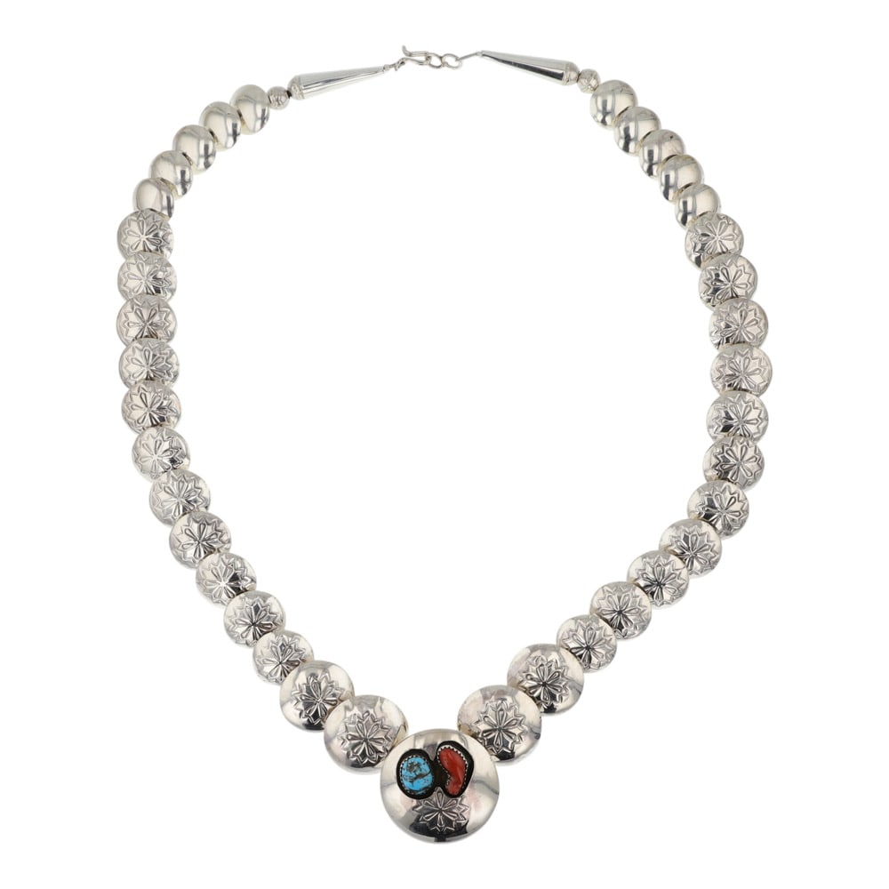 Navajo Turquoise & Coral Stamp-Work Pillow Beads Necklace: Sterling Silver | Genuine Turquoise & Coral | Navajo Turquoise & Coral Stamp-Work Pillow Beads Necklace | Navajo Native American Southwest Indian Jewelry | Good (no breaks or damages) | Approximate We
