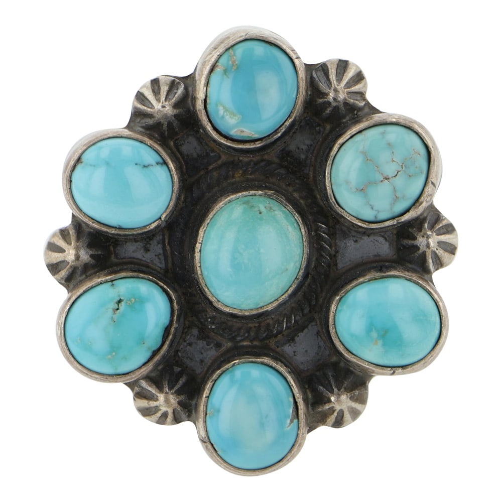 Kathleen Livingston Navajo Lone Mountain Turquoise Cluster Ring: Sterling Silver | Genuine Lone Mountain Turquoise | Kathleen Livingston Navajo Lone Mountain Turquoise Cluster Ring | Navajo Native American Southwest Indian Jewelry | Good (no breaks or damages) |