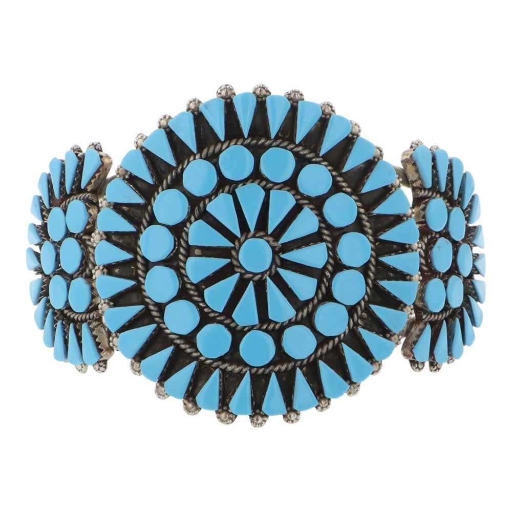 D&M Chavez Zuni Kingman Turquoise Inlay Cluster Bracelet: Sterling Silver | Genuine Kingman Turquoise | D&M Chavez Zuni Kingman Turquoise Inlay Cluster Bracelet | Navajo Native American Southwest Indian Jewelry | Good (no breaks or damages) | Approximate Wei