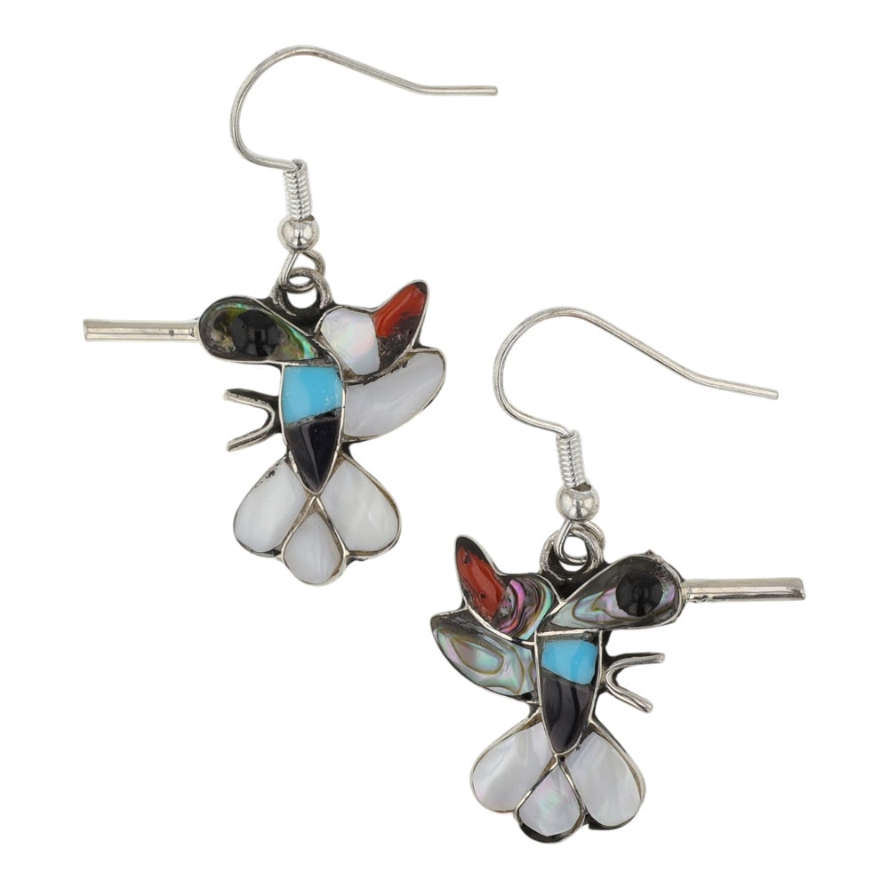 Zuni Turquoise Coral Mother of Pearl Inlay Hummingbird Earrings: Sterling Silver | Genuine Turquoise, Coral, Mother of Pearl | Zuni Turquoise Coral Mother of Pearl Inlay Hummingbird Earrings | Zuni Native American Southwest Indian Jewelry | Good (no breaks or damag