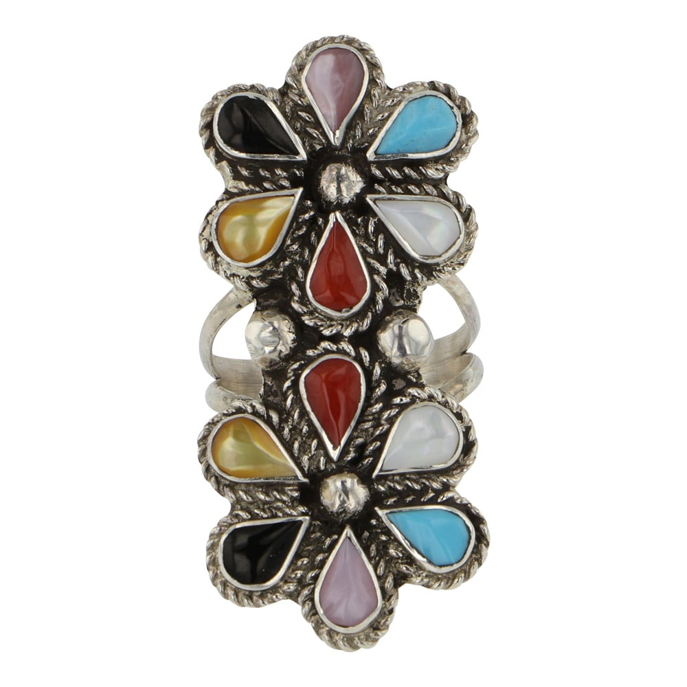 Zuni Turquoise Coral Jet Black Mother of Pearl & Shell Inlay Ring: Sterling Silver | Genuine Turquoise, Coral, Jet Black, Mother of Pearl & Shell | Zuni Turquoise Coral Jet Black Mother of Pearl & Shell Inlay Ring | Zuni Native American Southwest Indian Jewelry | Goo